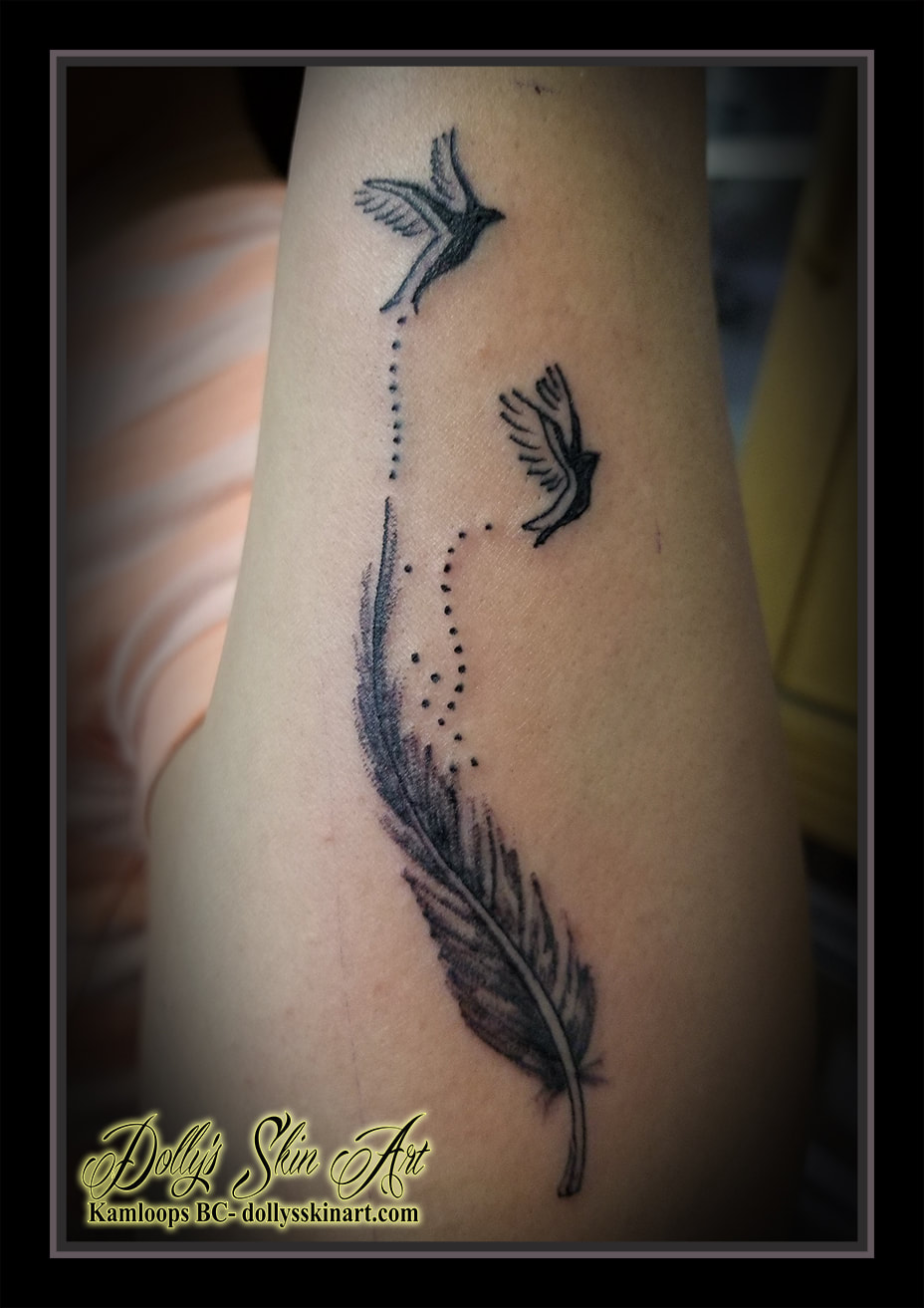 Matching feather with birds tattoos for Melanie and Shaina - Dolly's ...